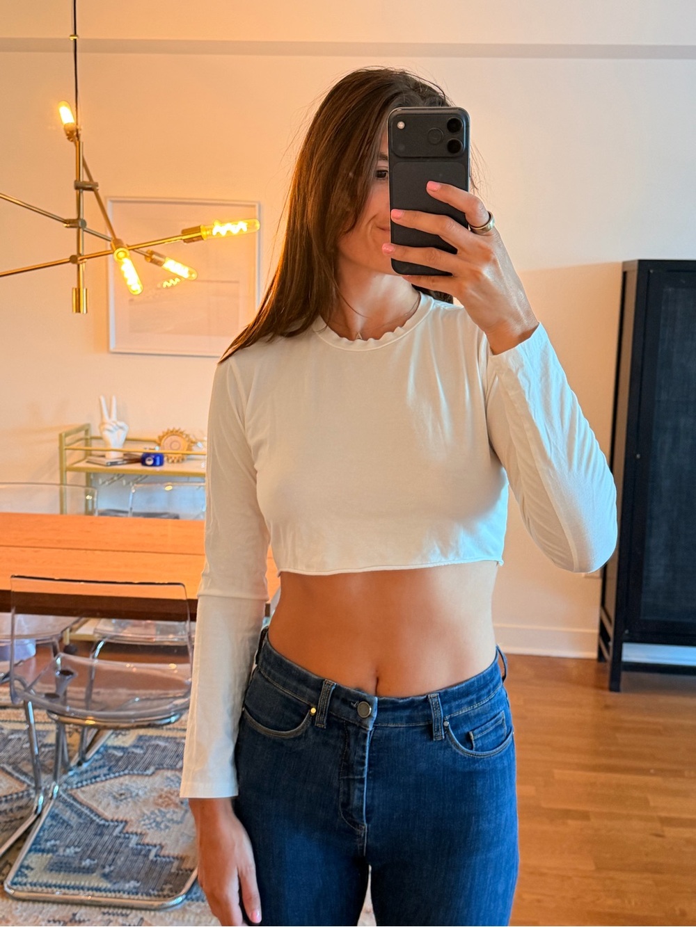 superdown Cream Long-Sleeve Scalloped Hem Crop Top